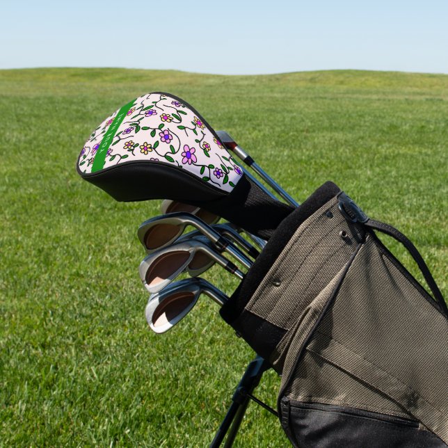 Colourful Flowers, Pink Background, Green Golf Head Cover (In Situ)