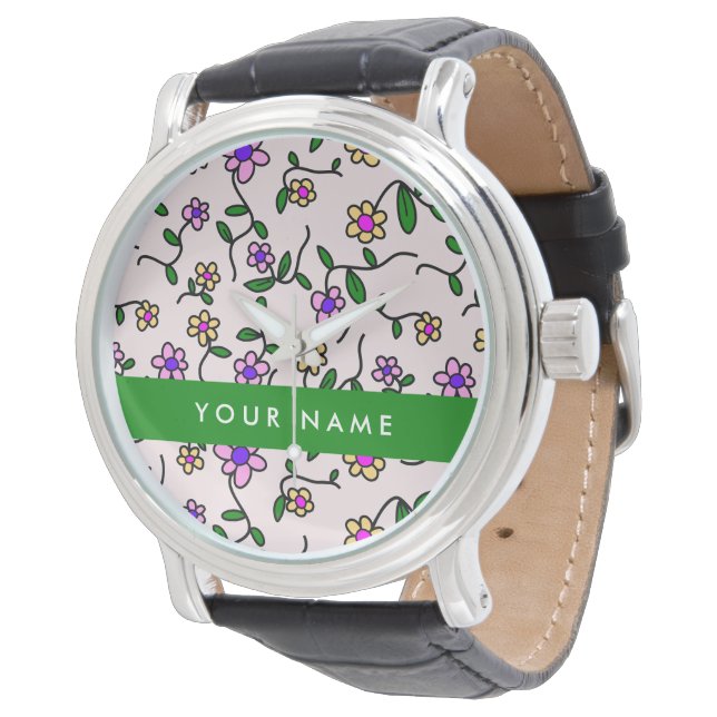 Colourful Flowers, Pink Background, Green Watch (Angled)