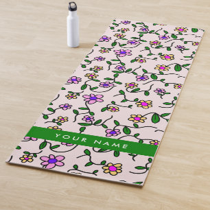 Colourful Flowers, Pink Background, Green Yoga Mat