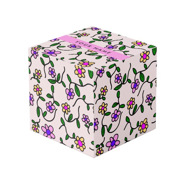 Colourful Flowers, Pink Background, Pink Cube (Front Angled)