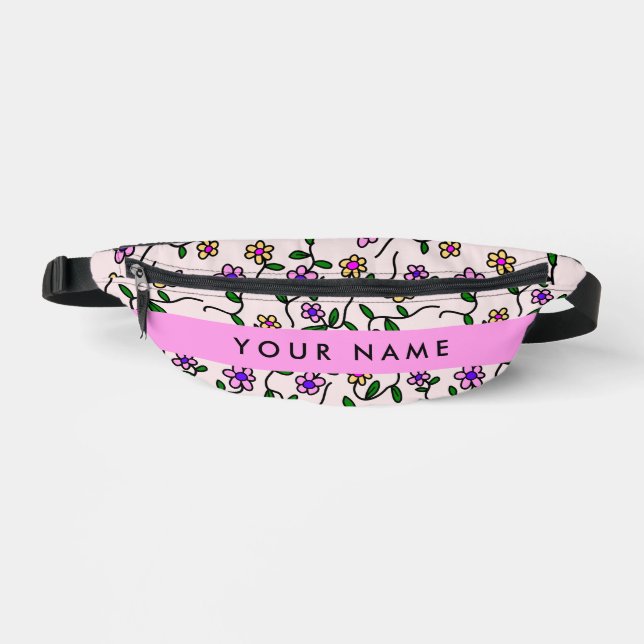 Colourful Flowers, Pink Background, Pink Fanny Pack (Front)