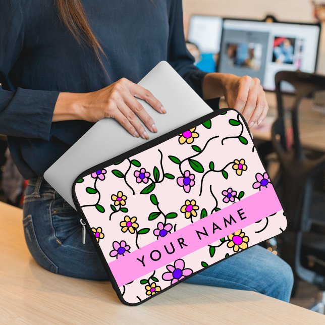 Colourful Flowers, Pink Background, Pink Laptop Sleeve (Creator Uploaded)