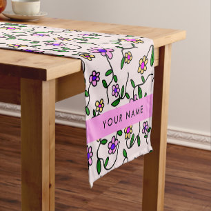 Colourful Flowers, Pink Background, Pink Short Table Runner