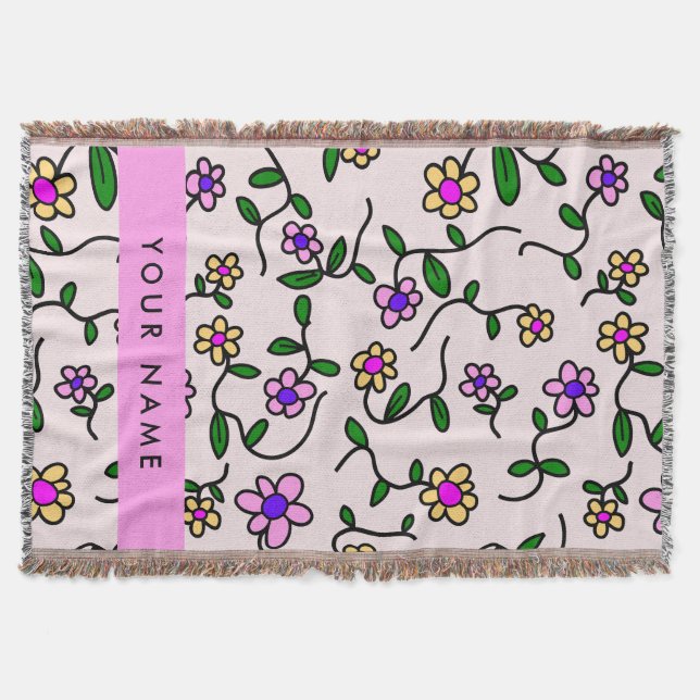 Colourful Flowers, Pink Background, Pink Throw Blanket (Front)