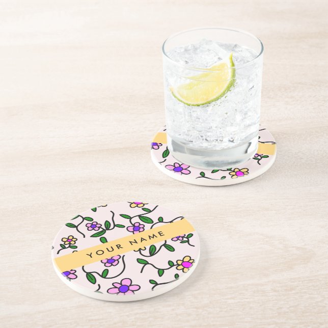 Colourful Flowers, Pink Background, Yellow Coaster (Side)