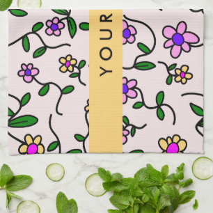 Colourful Flowers, Pink Background, Yellow Kitchen Towel