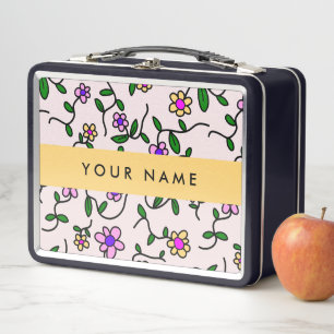 Colourful Flowers, Pink Background, Yellow Metal Lunch Box