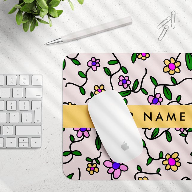 Colourful Flowers, Pink Background, Yellow Mouse Pad (Creator Uploaded)