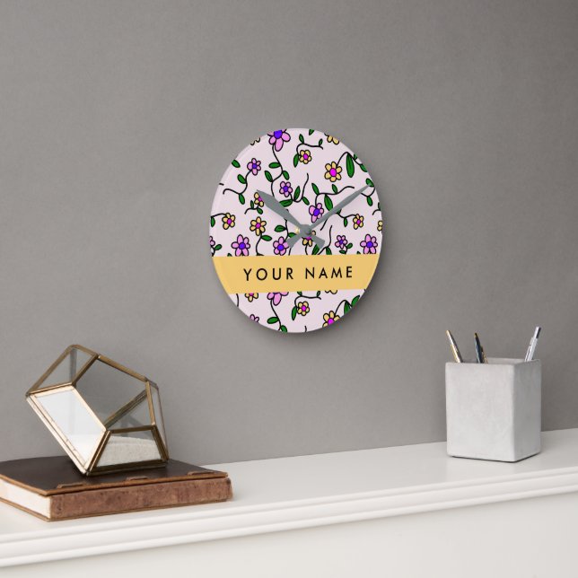 Colourful Flowers, Pink Background, Yellow Round Clock (Office)