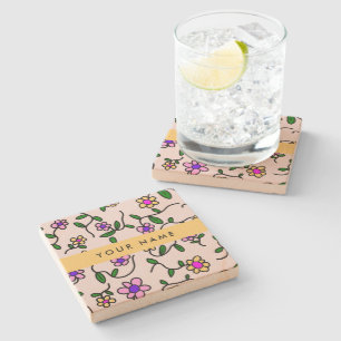 Colourful Flowers, Pink Background, Yellow Stone Coaster
