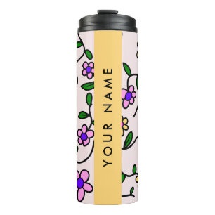 Colourful Flowers, Pink Background, Yellow Thermal Tumbler
