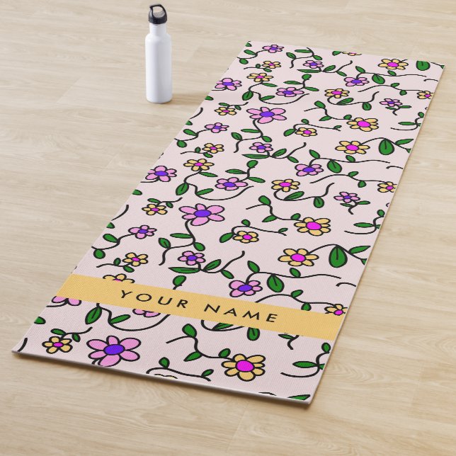 Colourful Flowers, Pink Background, Yellow Yoga Mat (In Situ)