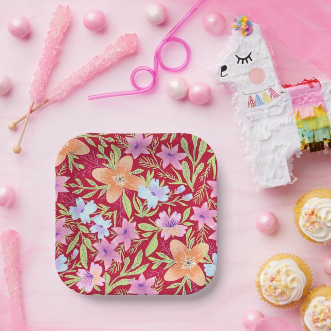 Colourful flowers, pink, coral and white paper plate (Party)