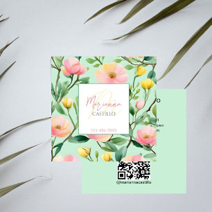 Colourful flowers pink green template qr square business card