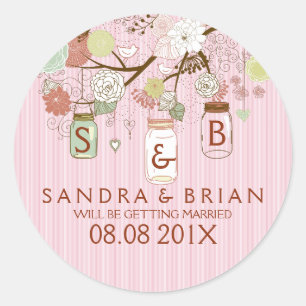 Colourful Flowers & Pink Stripes Hanging Mason Jar Classic Round Sticker