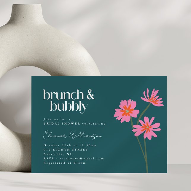Colourful Flowers Pink Teal Floral Brunch Bubbly Invitation (Creator Uploaded)