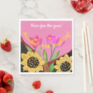 Colourful Flowers Pink Tulips & Yellow Sunflowers Napkin