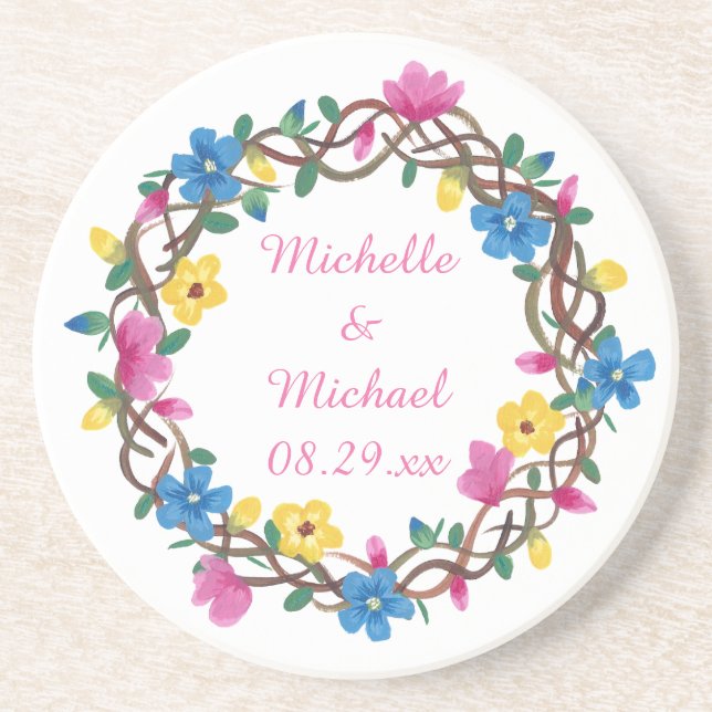 Colourful Flowers Round Personalized Coasters (Front)