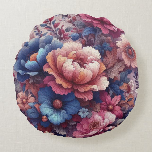 Colourful flowers round pillow (Front)