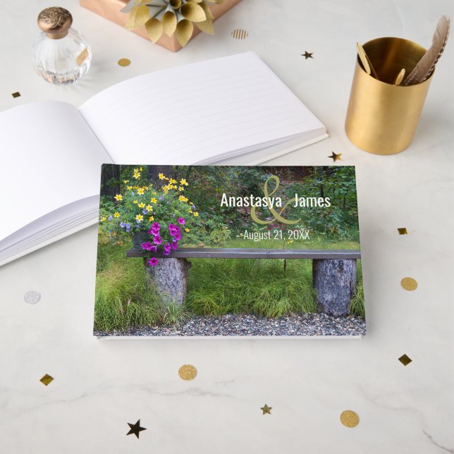 Colourful Flowers Rustic Bench Wedding Day Custom Guest Book (Front Open)
