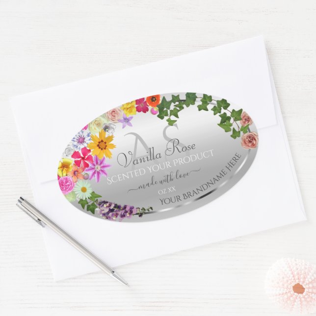 Colourful Flowers Silver Monogrammed Product Label (Envelope)