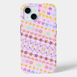 Colourful Flowers Sun & Hearts Pattern, Pink Flora iPhone 15 Case