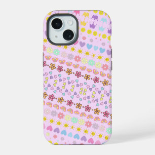 Colourful Flowers Sun & Hearts Pattern, Pink Flora iPhone 15 Case