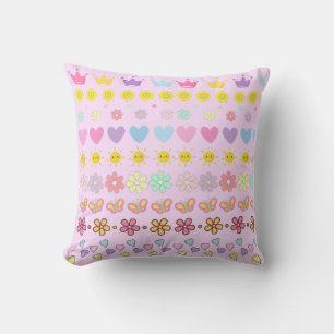 Colourful Flowers Sun & Hearts Pattern, Pink Flora Throw Pillow