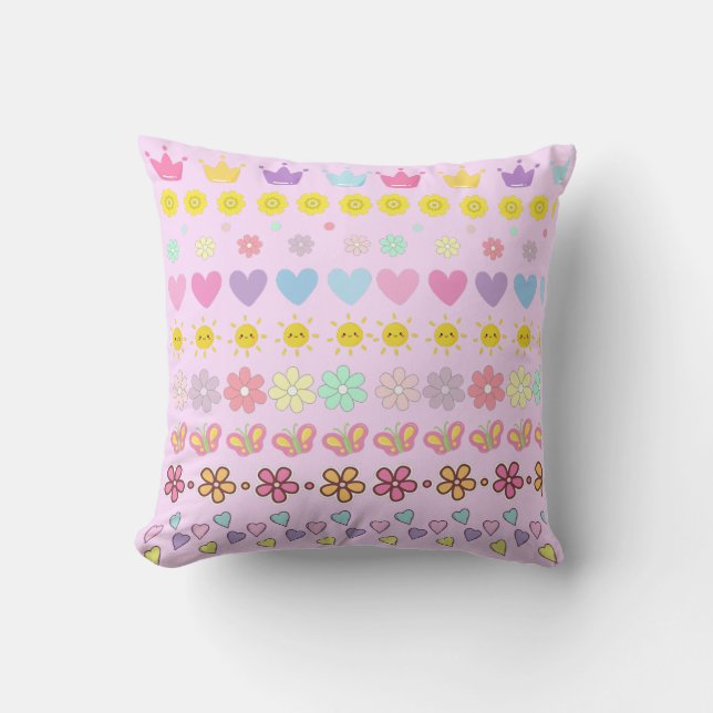Colourful Flowers Sun & Hearts Pattern, Pink Flora Throw Pillow (Front)