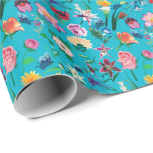 Colourful Flowers Turquoise Background Wrapping Paper