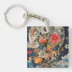 Colourful Flowers Under Full Moon Keychain