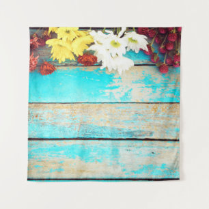 Colourful flowers, vintage wooden border. tapestry