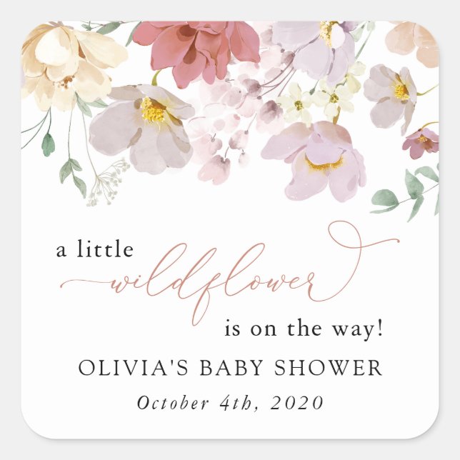 Colourful Flowers, Wildflowers, Boho, Baby Shower Square Sticker (Front)