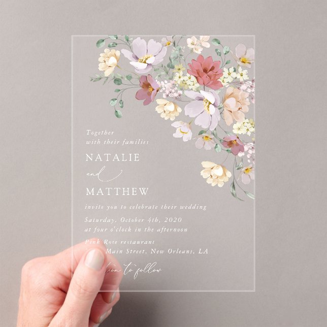 Colourful Flowers, Wildflowers, Boho, Wedding Acrylic Invitations (Insitu (Handheld))