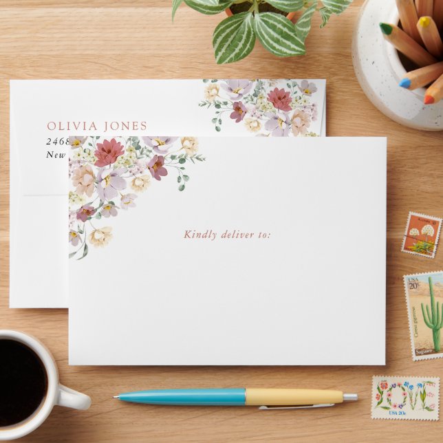 Colourful Flowers, Wildflowers, Boho, Wedding Envelope (Desk)