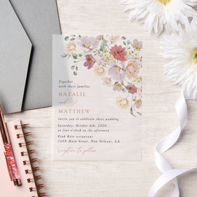 Colourful Flowers, Wildflowers, Boho, Wedding Vellum Invitations (Wedding)