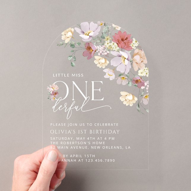 Colourful Flowers, Wildflowers, First Birthday Acrylic Invitations (Insitu (Handheld))