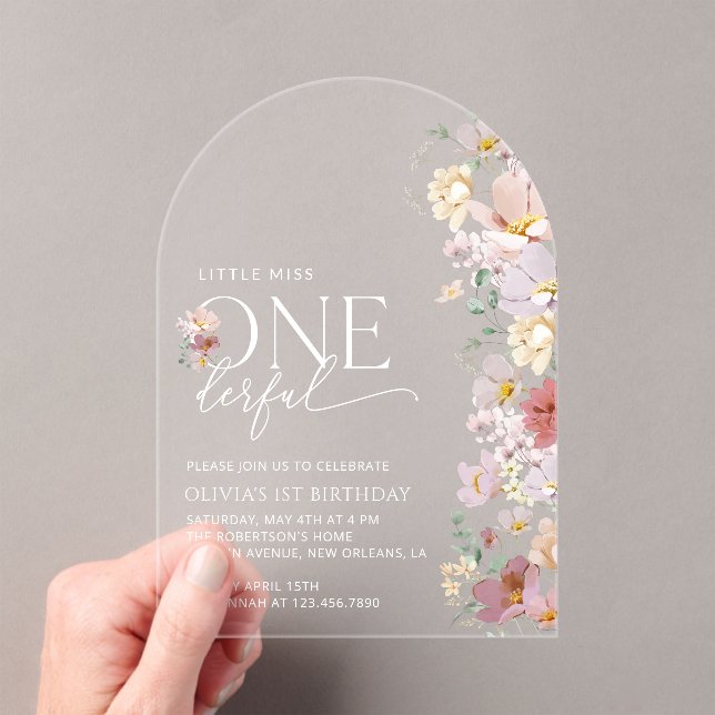 Colourful Flowers, Wildflowers, First Birthday Acrylic Invitations (Insitu (Handheld))