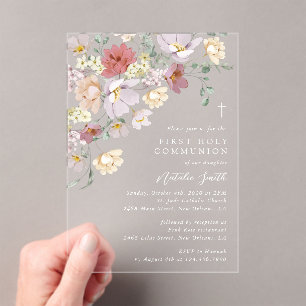 Colourful Flowers, Wildflowers, First Communion Acrylic Invitations
