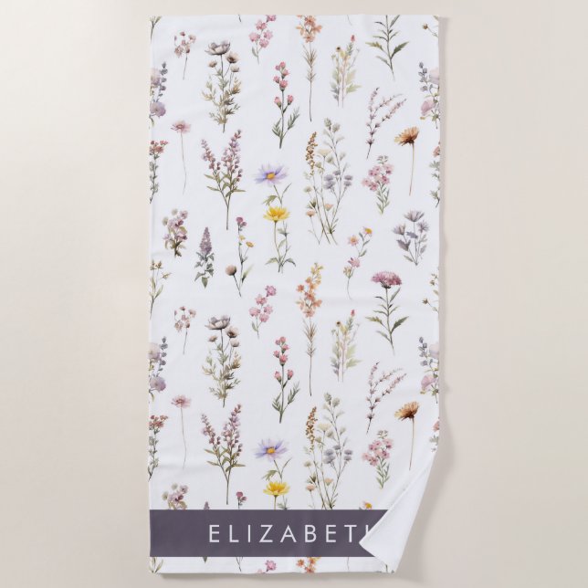 Colourful Flowers, Wildflowers, Greenery, Your Nam Beach Towel (Front)