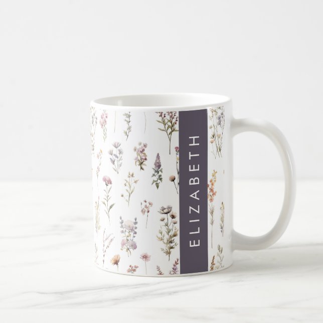 Colourful Flowers, Wildflowers, Greenery, Your Nam Coffee Mug (Right)