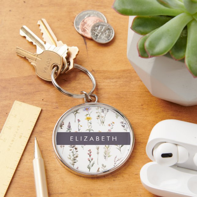 Colourful Flowers, Wildflowers, Greenery, Your Nam Keychain (Desk)