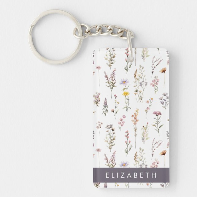 Colourful Flowers, Wildflowers, Greenery, Your Nam Keychain (Front)