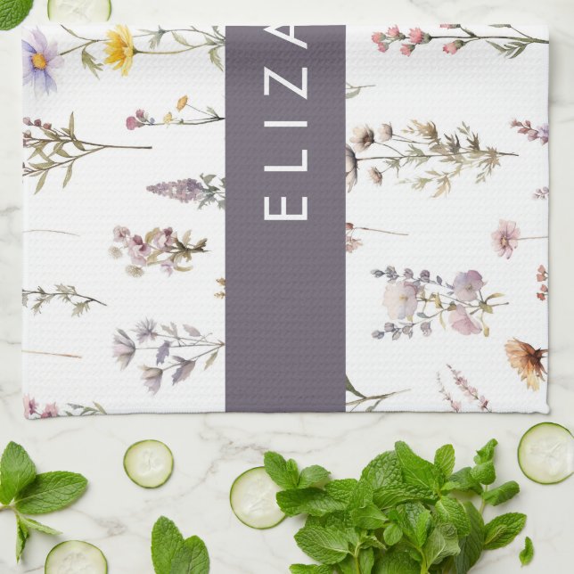 Colourful Flowers, Wildflowers, Greenery, Your Nam Kitchen Towel (Folded)