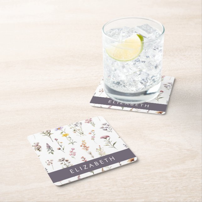 Colourful Flowers, Wildflowers, Greenery, Your Nam Square Paper Coaster (Insitu)