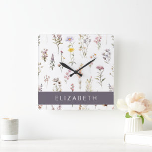 Colourful Flowers, Wildflowers, Greenery, Your Nam Square Wall Clock