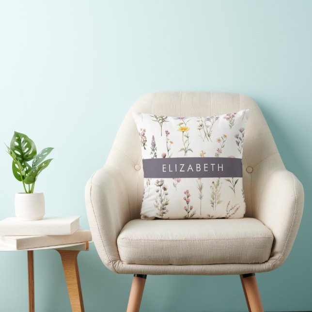 Colourful Flowers, Wildflowers, Greenery, Your Nam Throw Pillow (Chair)