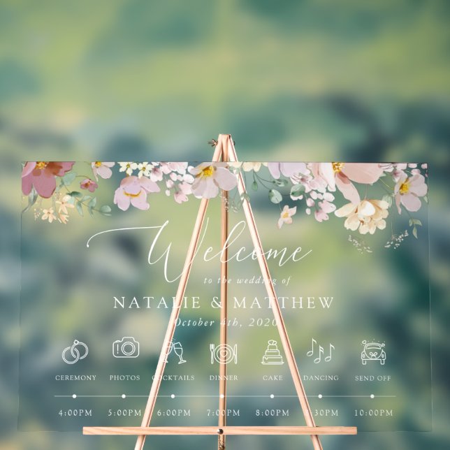 Colourful Flowers, Wildflowers, Wedding Timeline Acrylic Sign (Neutral)