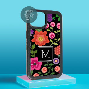 Colourful Flowers with Black Background Monogram iPhone 15 Case