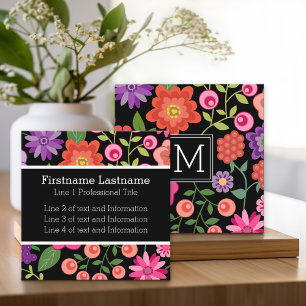 Colourful Flowers with Black Background Monogram Square Business Card